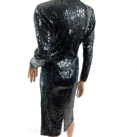 BLACK TIE? Oleg Cassini Twist Front LS V Neck All Sequin Sheath Party Dress 10 - Picture 5 of 7